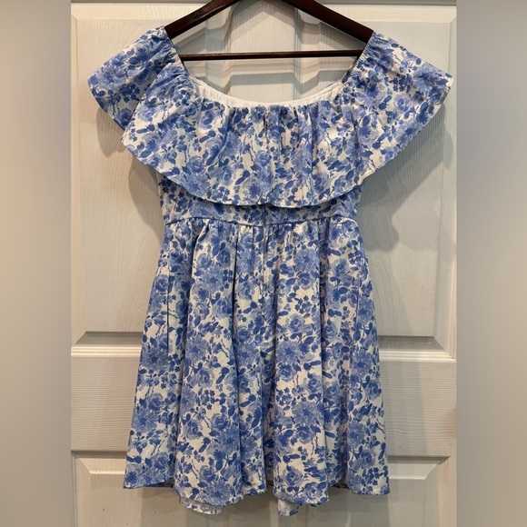 Altar’d State Slash Neck Floral Blue White Mini Dress Women Size Medium - Picture 2 of 10